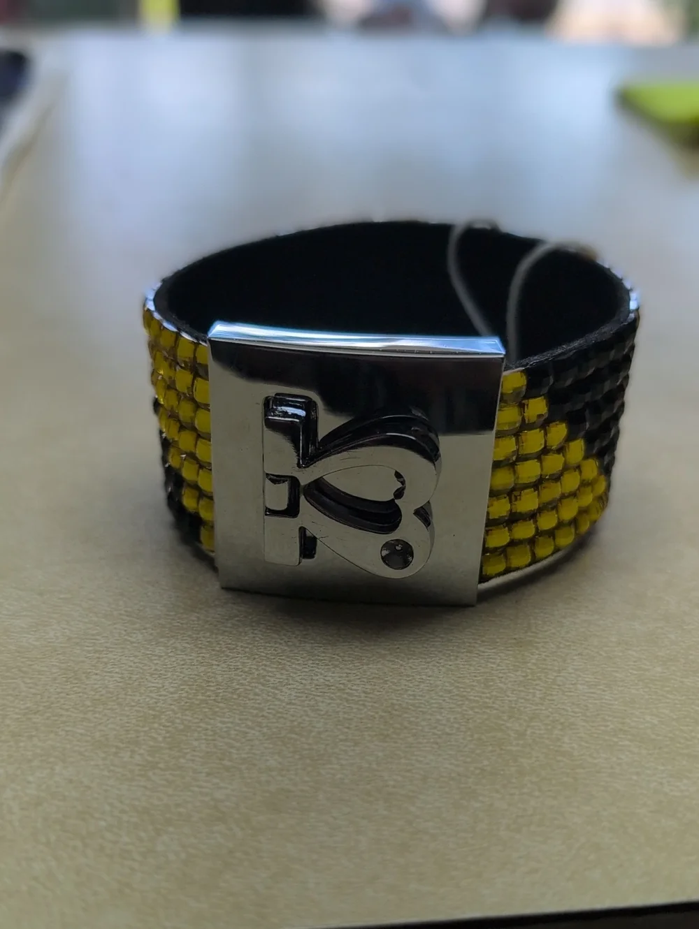 Yellow & Black Beaded Rhinestone Leather Smartband Bracelet